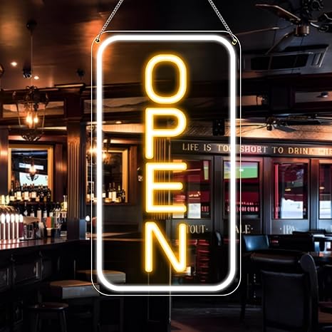 Enseigne néon verticale « OPEN » – Alimentation USB | 44 × 24 cm | 6 couleurs | Suspension LED pour vitrine