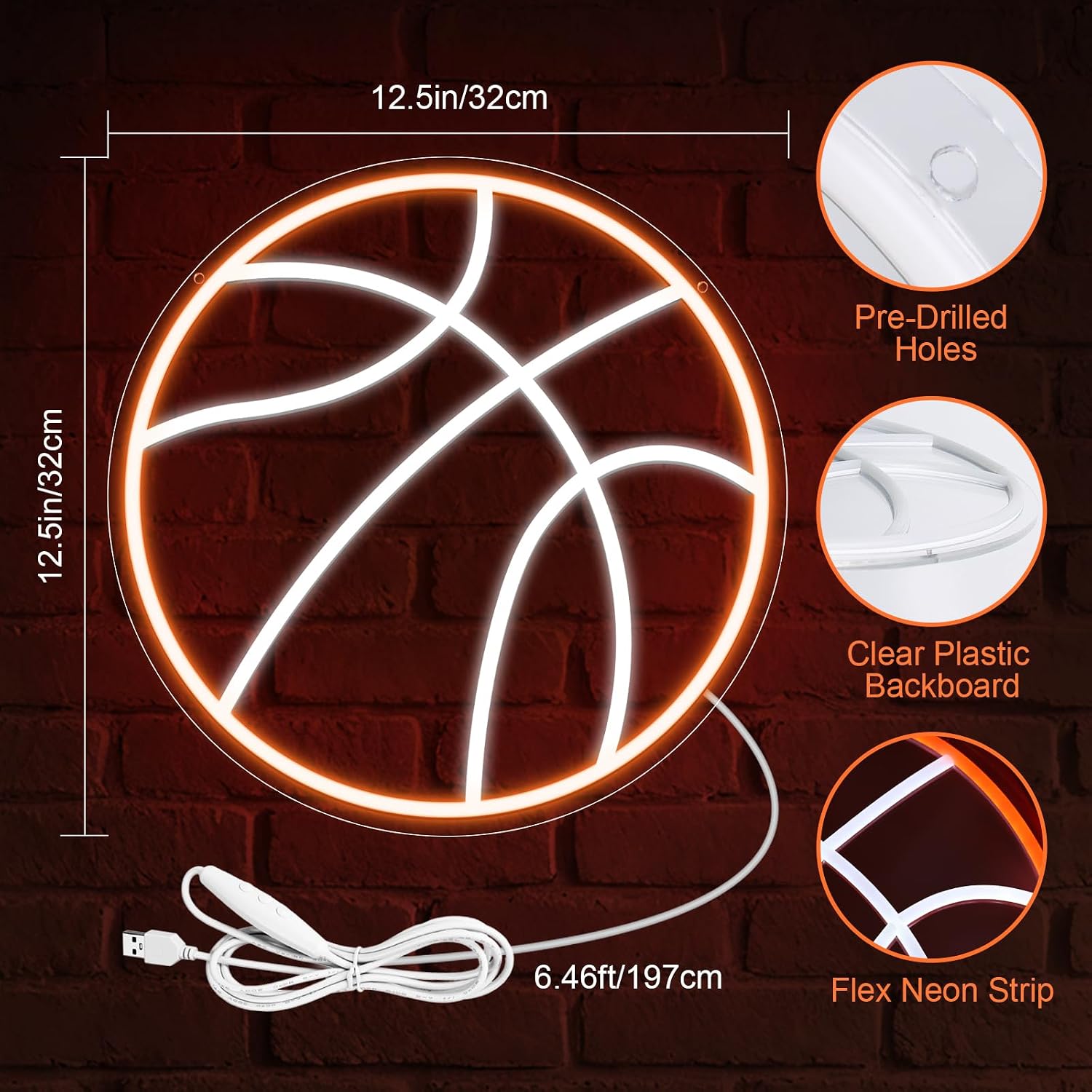 Good Vibes LED Sign – Basketball Silicone Neon Sign – 12.5×12.5 Inch | 5V USB Powered Dimmable Orange & White Glow LED Wall Light | Neon Lamp with Accessories Included | Hanging Sports Decor for Bedroom, Game Room, Bar & Party Spaces