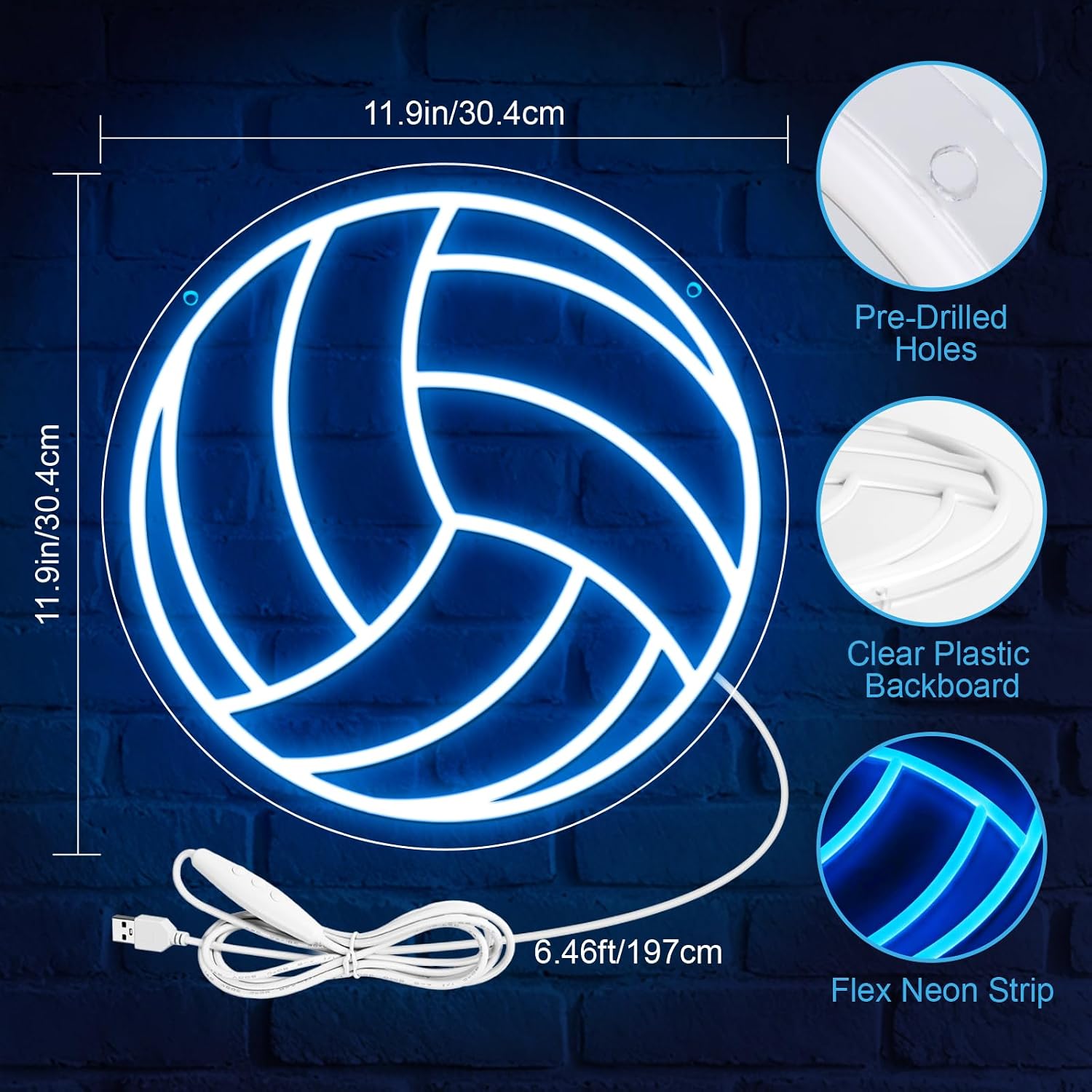 Good Vibes LED Sign – Volleyball Silicone Neon Sign – 12×12 Inch | 5V USB Powered Dimmable Ice Blue Glow LED Wall Light | Neon Lamp with Accessories Included | Hanging Sports Decor for Bedroom, Game Room, Bar & Party Spaces