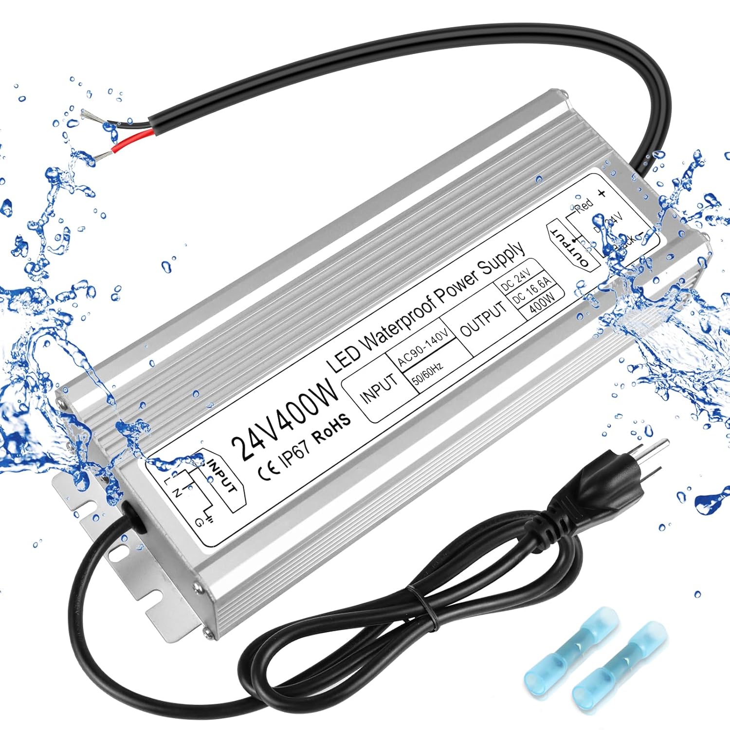 Wasserdichter 24-V-LED-Transformator, 90–140 V Eingang, 200 W–500 W, Einzel-/Doppelkabelausgang, CE/RoHS/FCC – US-Stecker und Kabel, Außenbeleuchtungsadapter 