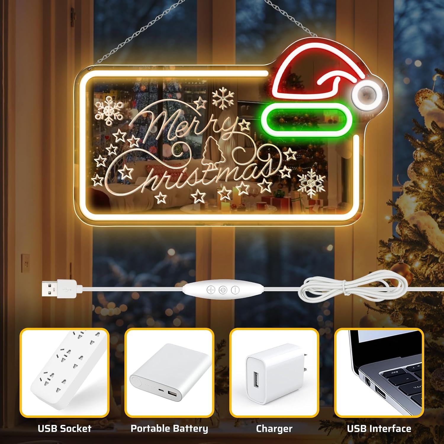 MERRY CHRISTMAS Mirror LED Sign – 16.5×10 Inch | 5V USB Powered Dimmable LED Light | Yellow, Red, Green & White Glow | Christmas Hat Design Hanging Sign with Accessories Included for Christmas Events, Retail Displays & Holiday Decorations