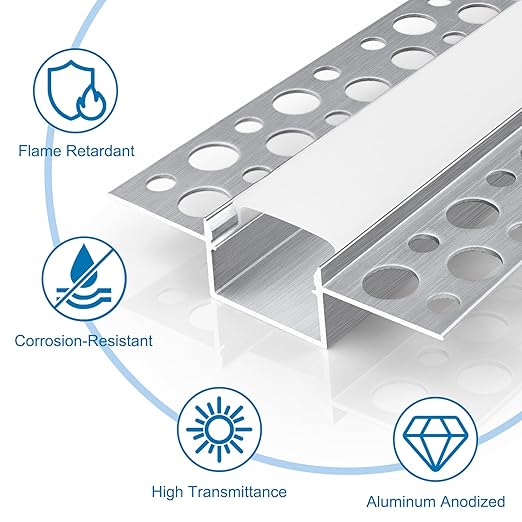 Double-Sided Plaster-in Drywall  LED Aluminum Channels– Fit for 1 to 20mm LED Strip | 1Meter | Silver | Milky White Cover | 4 / 6 / 10 -Pack | Local Stock US/UK