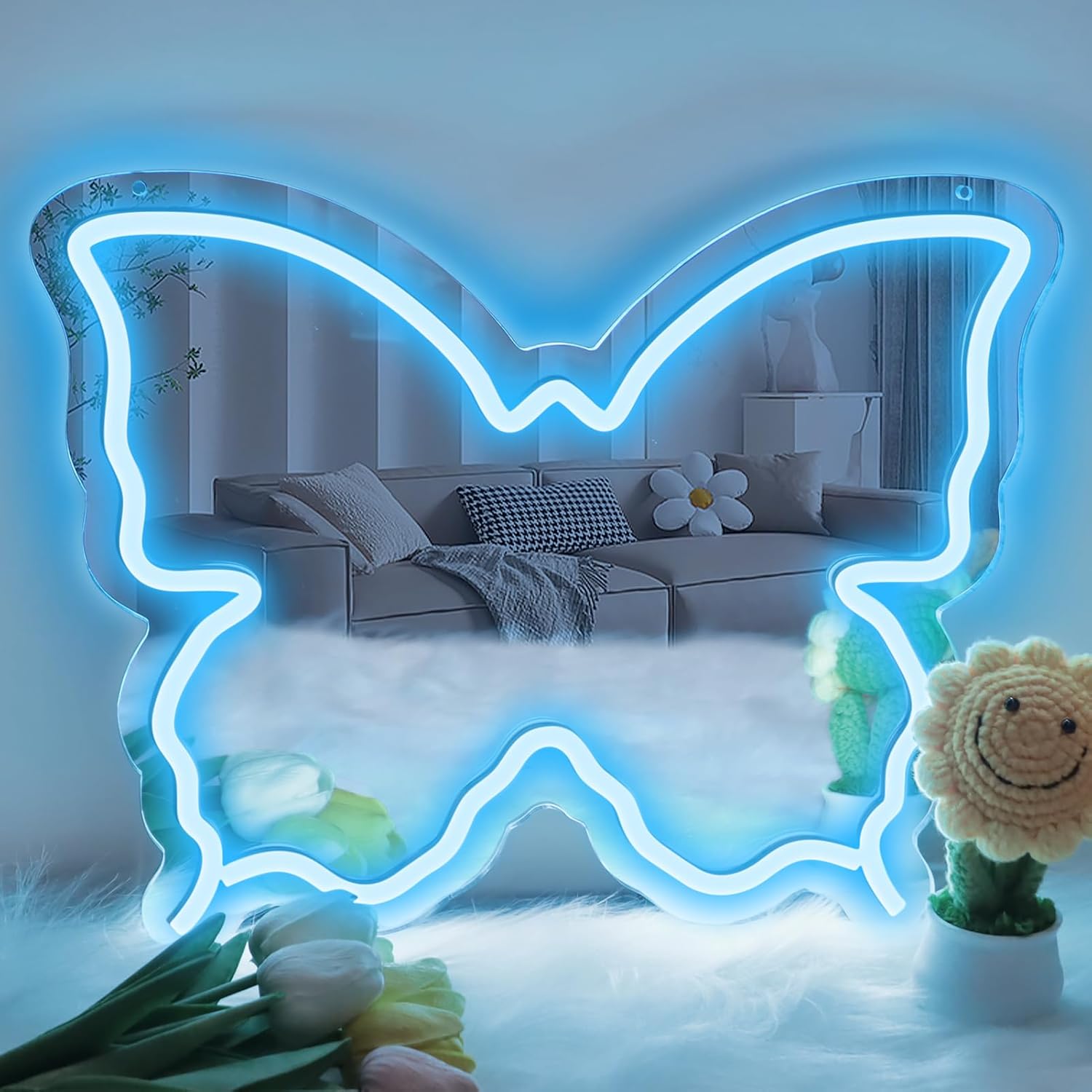 Butterfly Mirror Vanity Sign – 15.7×12 inch | Blue/Ice Blue/Pink/Purple/Warm White Neon Outline | USB Powered | Perfect for Vanity Decor