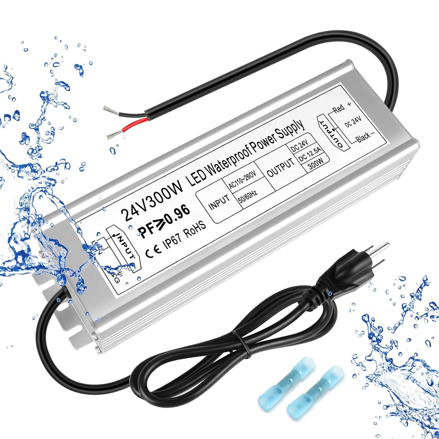Alimentation LED étanche 24 V 30 W–300 W, entrée 90–265 V, sortie simple/double fil, pilote LED extérieur, CE/RoHS/FCC — Options de fiches et de câbles US/UK/EU 