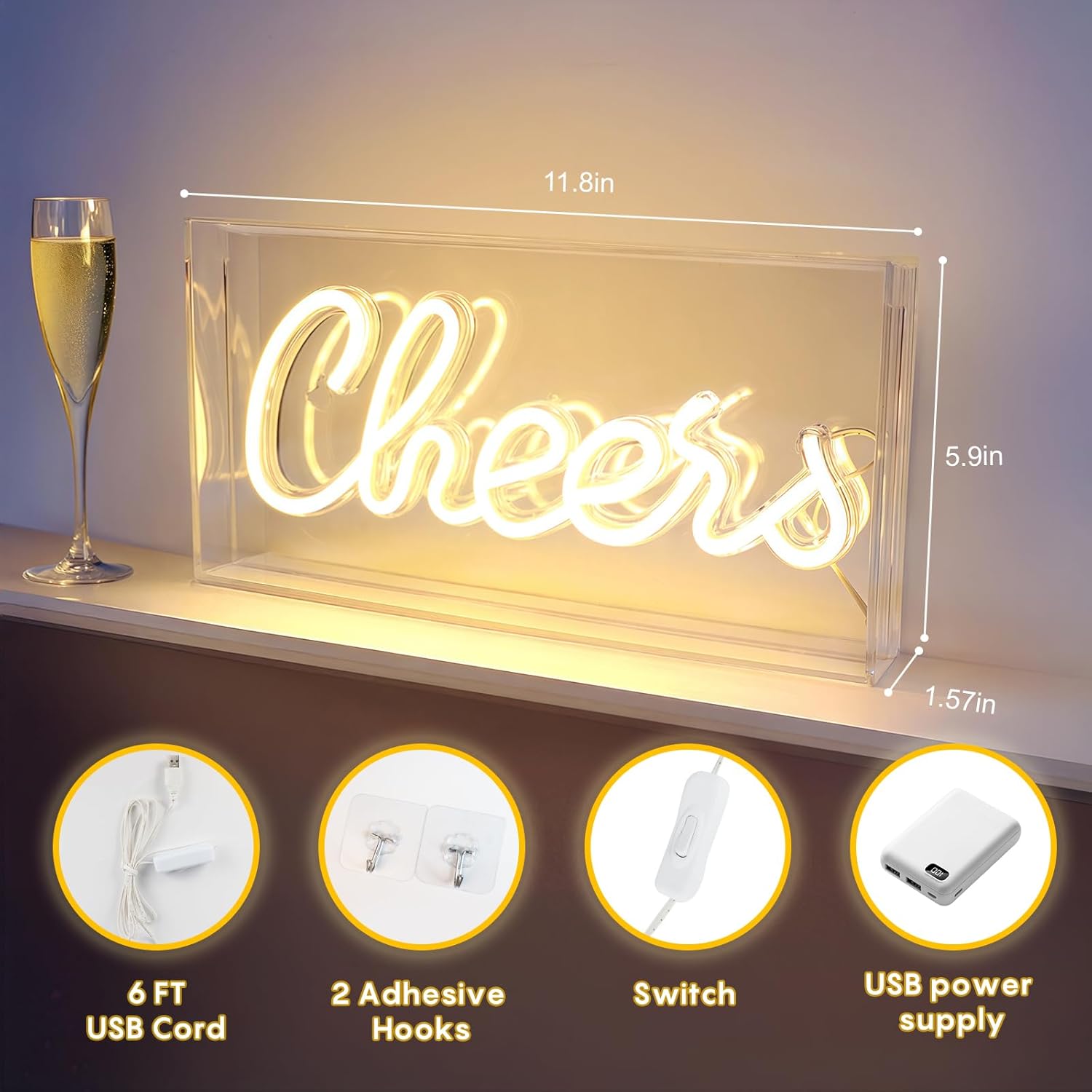 Panneau lumineux de bureau CHERRS – Rectangulaire 30,5 x 15,2 cm | Blanc chaud/rose | Alimentation USB | Présentoir de table | Pour chambre de fille, chambre à coucher, pub, hôtel, plage, bar à cocktails, cadeau de Noël