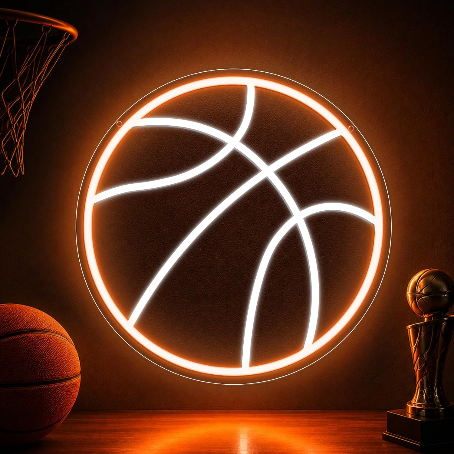 Good Vibes LED Sign – Basketball Silicone Neon Sign – 12.5×12.5 Inch | 5V USB Powered Dimmable Orange & White Glow LED Wall Light | Neon Lamp with Accessories Included | Hanging Sports Decor for Bedroom, Game Room, Bar & Party Spaces