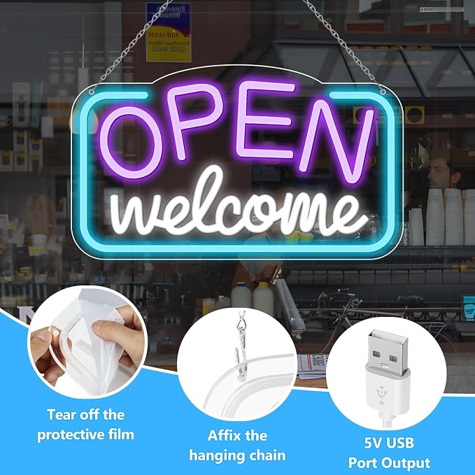 OPEN Welcome Silicone Neon Signs – USB Powered | 16.9×9.4 inch | LED Light for Storefront Window | 2 Color Options