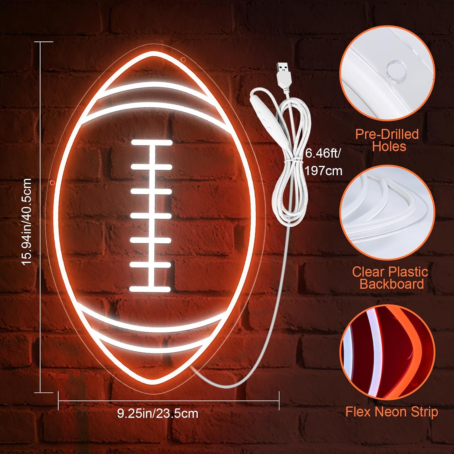 Good Vibes LED Sign – Rugby Ball Silicone Neon Sign – 16×10 Inch | USB Neon Light Orange & White Glow LED Wall Light | Neon Lamp with Accessories Included | Hanging Sports Decor for Bedroom, Game Room, Bar & Party Spaces