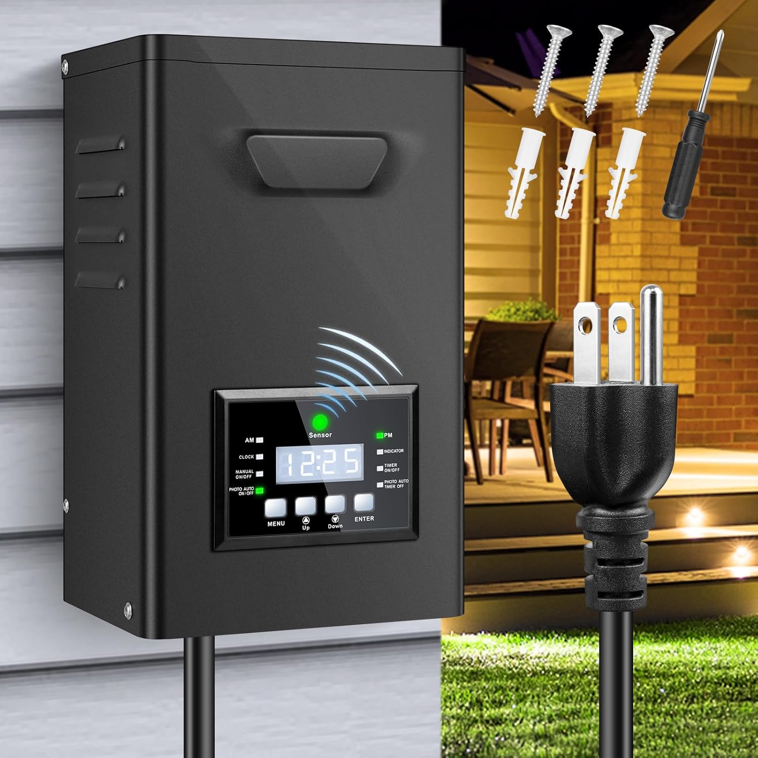 Transformateur basse tension haute capacité 500 W/600 W, alimentation pour éclairage extérieur 120 V CA vers 12 V/15 V CA avec écran LCD, minuterie et capteur photoélectrique pour éclairage de jardin et de cour de grande taille. 