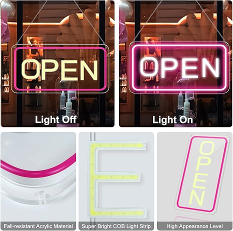 OPEN COB LED Sign – 22.8×11.8 Inch | 12V Powered Pink & White Glow Light | Horizontal & Vertical Style with US Plug for Storefront & Business Decor