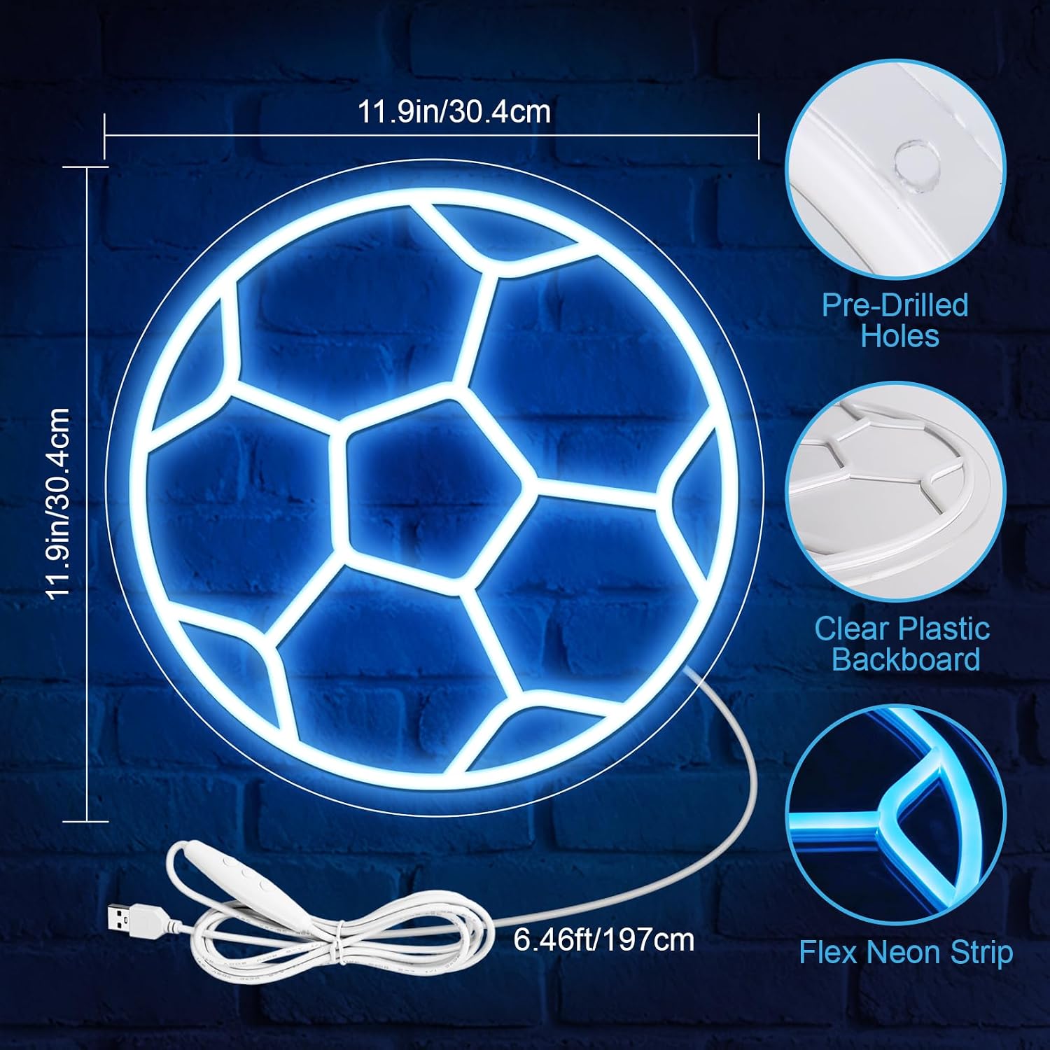 Good Vibes LED Sign – Soccer Ball Silicone Neon Sign – 12×12 Inch | 5V USB Powered Dimmable Ice Blue Glow LED Wall Light | Neon Lamp with Accessories Included | Hanging Sports Decor for Bedroom, Game Room, Bar & Party Spaces