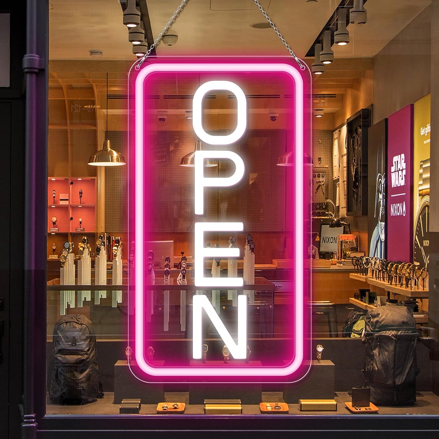 Enseigne néon verticale « OPEN » – Alimentation USB | 44 × 24 cm | 6 couleurs | Suspension LED pour vitrine