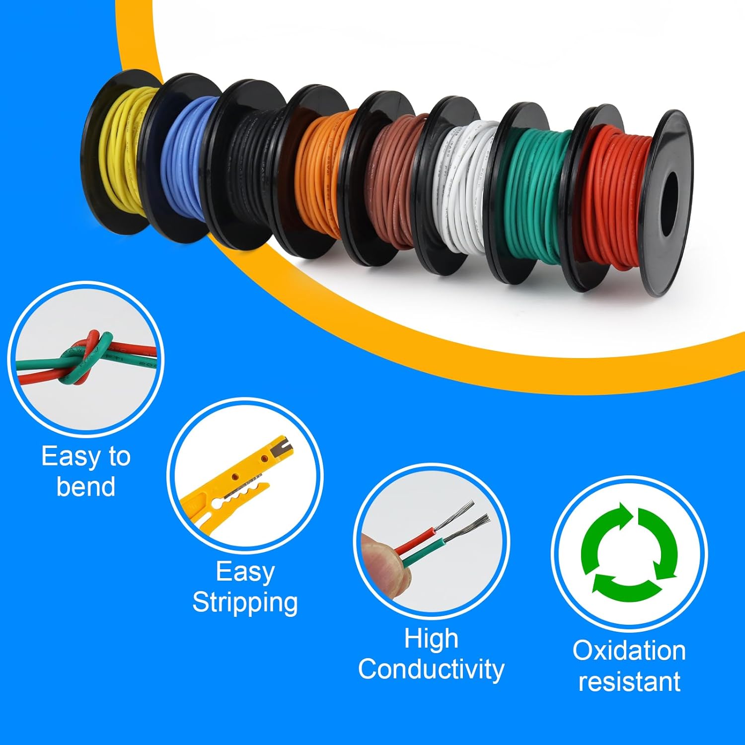 26 AWG Silikondrahtspulen-Set, verzinntes Kupferlitzenkabel, 3–15 m pro Rolle × 8 Farben, flexibler Anschlussdraht für LED-Lichtstreifen, RC-Modelle, DIY-Elektronik