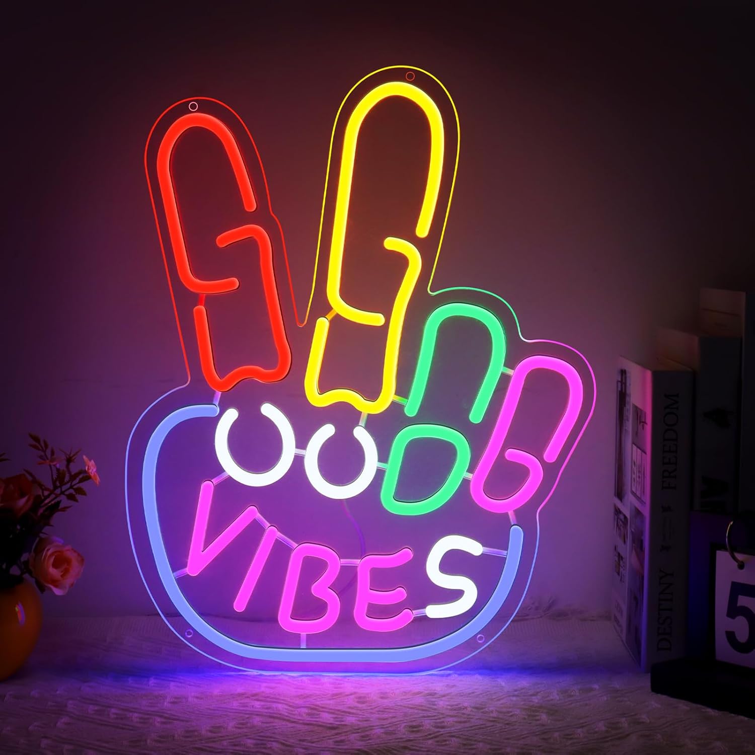Panneau LED Good Vibes – Signe de la main de la paix | 43 x 33 cm | Néon USB pour décoration murale | À suspendre | Idéal pour une chambre, un dortoir, un salon ou une fête