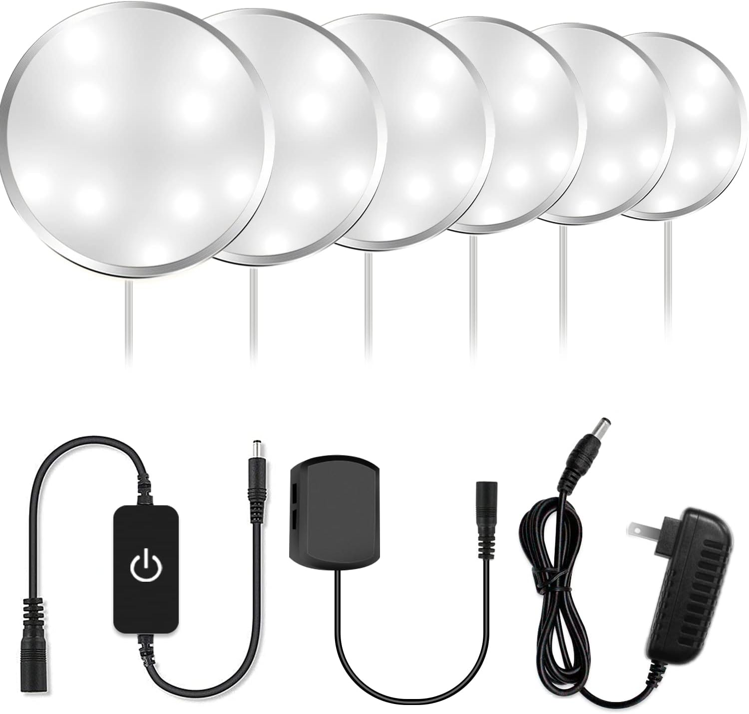 Lot de 3 ou 6 spots LED pour armoire – Blanc chaud / Blanc lumière du jour | Finition argentée | Adaptateur 12 V avec prise US/UK | Intensité réglable tactile | Fixation adhésive | Pour cuisine et sous-meubles 