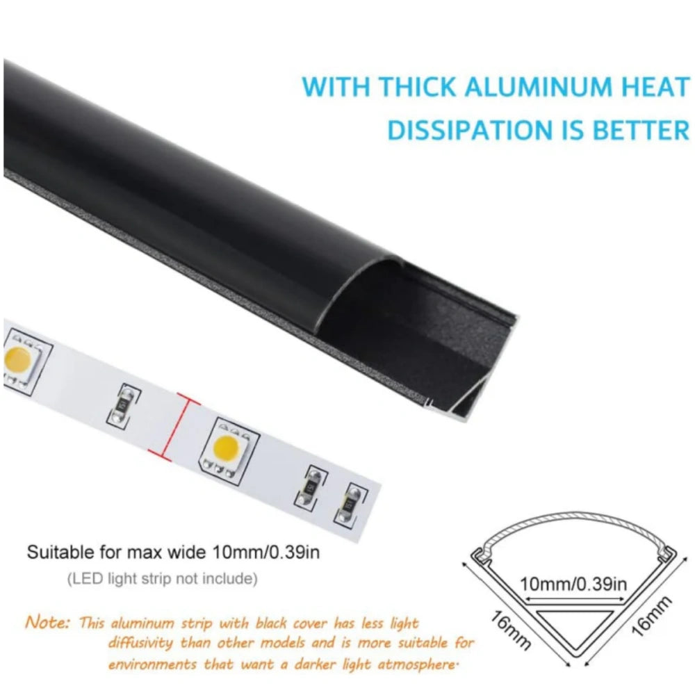 Profilés LED en aluminium en forme de V – Convient aux bandes LED de 1 à 10 mm | 1 mètre | Argenté / Noir | Blanc laiteux / Noir | Avec accessoires d'installation | Paquets de 5 / 6 / 10 / 12 / 20 | Stock local États-Unis/Royaume-Uni