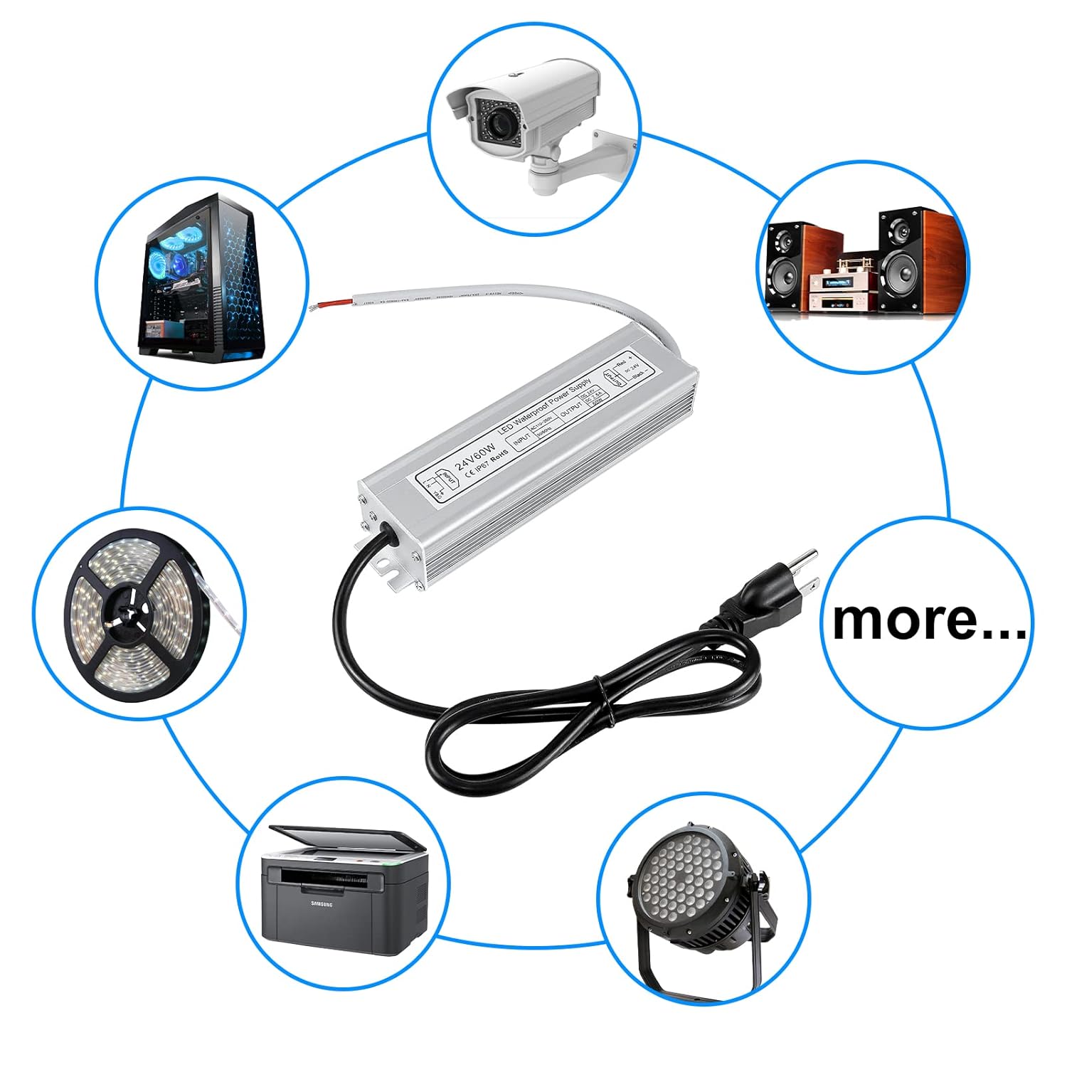 24V Waterproof LED Power Supply 30W–300W, 90–265V Input, Single/Dual Wire Output, Aluminum Housing, Outdoor LED Driver, CE/RoHS/FCC — US/UK/EU Plug & Wire Leads Options