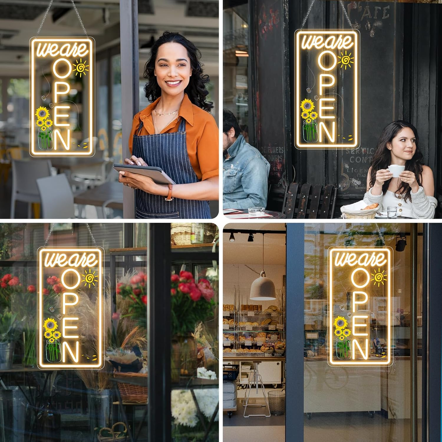 Enseigne verticale néon « Nous sommes ouverts » – Blanc chaud et éclat blanc | 43 cm x 23 cm / 58 cm x 30 cm | Suspension pour vitrine | Plug &amp; Play pour vitrines