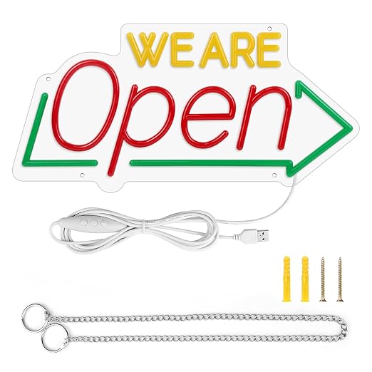 WE ARE OPEN Integrated LED Signs – USB Powered | 16.1×7.8 inch | Arrow Shape LED Window Sign |  Yellow + Red + Green Glow for Storefront Display