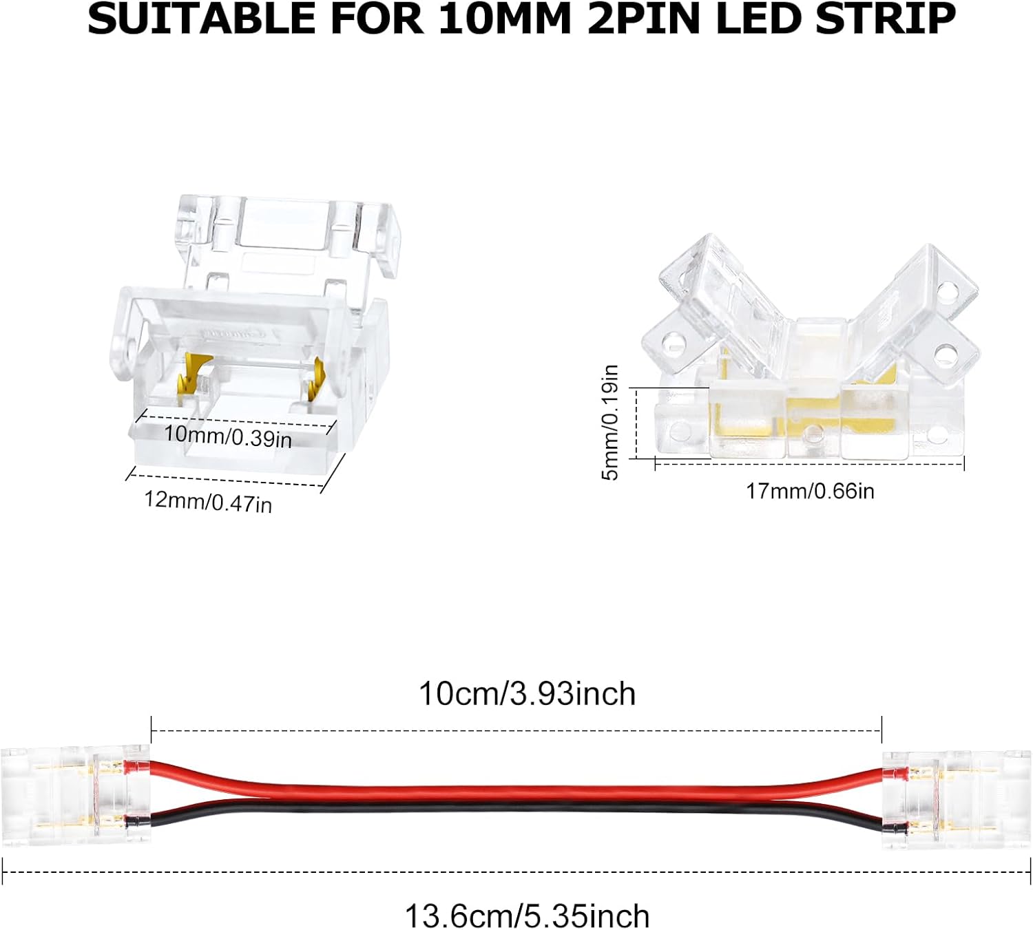 Connecteurs pour bandes LED transparentes en cristal – Clips sans soudure 10 mm 2 broches | Adaptateur bande à fil / bande à bande / CC – Stock local États-Unis/Royaume-Uni