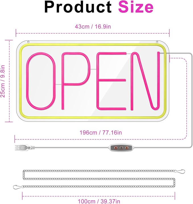LED-Neonschild „OPEN“ – rechteckig | 4 Leuchtfarbenoptionen | 16×9 / 23×12 Zoll | Fensteraufhängung | Plug &amp; Play für Schaufenster