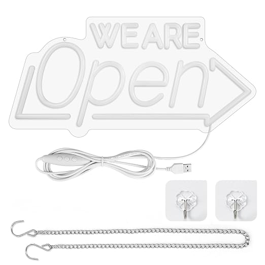 Wir haben geöffnet – Neonschild mit Sonnenblumen-Dekor – USB-Version | Warmweiß / Gelb &amp; Weiß | 17×9 Zoll / 24×13 Zoll | DC 5 V LED-Fensterleuchte für Geschäftsdekor
