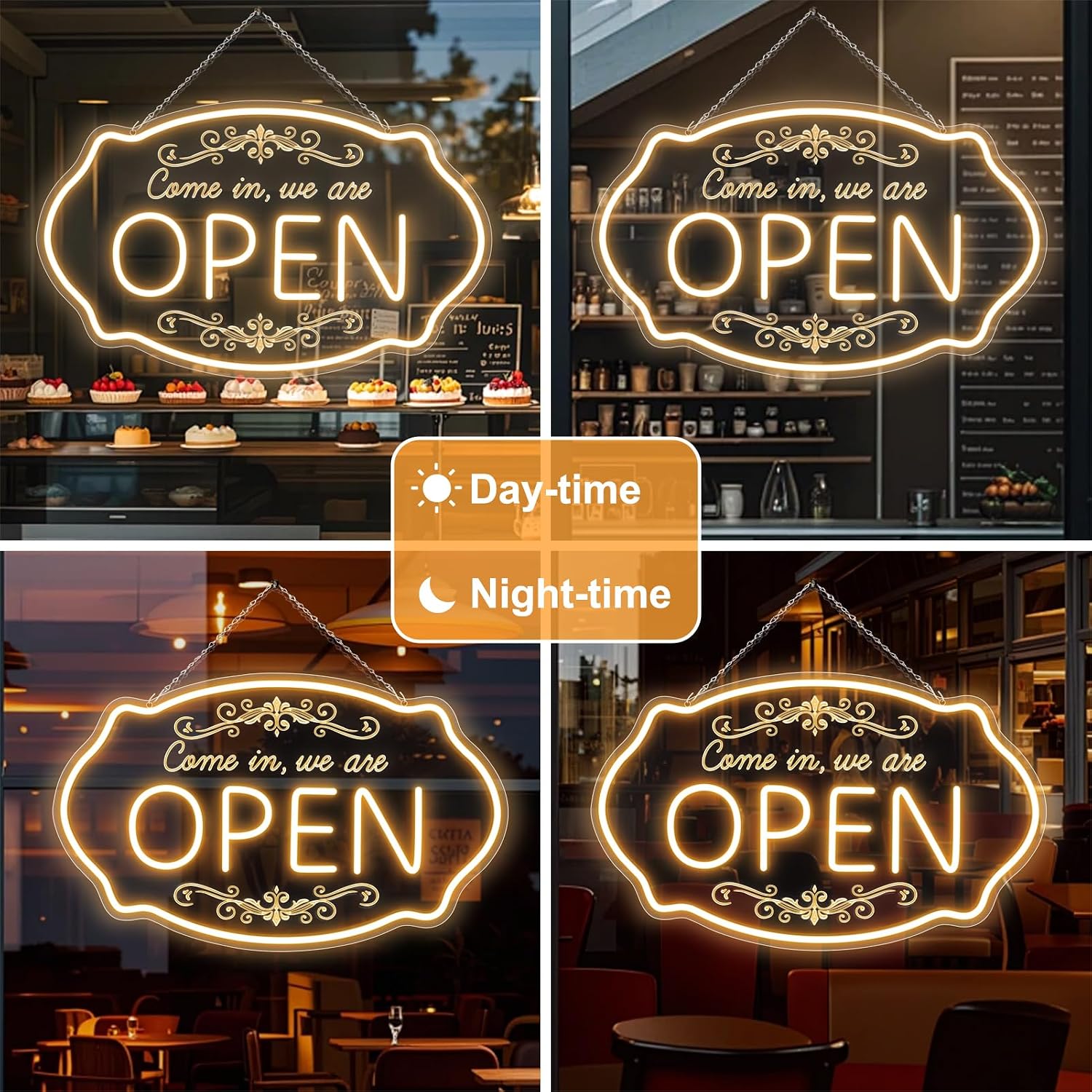 WIR HABEN GEÖFFNET – Neonschild – USB-betrieben | 41×20 cm (16×8 Zoll) | Pfeilförmiges LED-Fensterschild | 3 Farbkombinationen für die Schaufensteranzeige