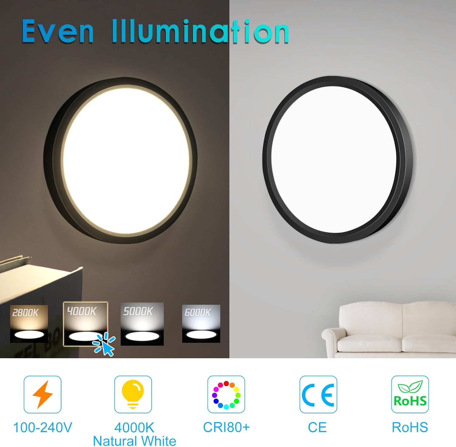 Plafonnier LED rond AC 220–240 V – Noir – Options 12 W / 18 W / 24 W / 32 W – 3 000 K / 4 500 K / 5 000 K / 6 500 K – Plafonnier encastré – Stock local (Royaume-Uni/Allemagne)