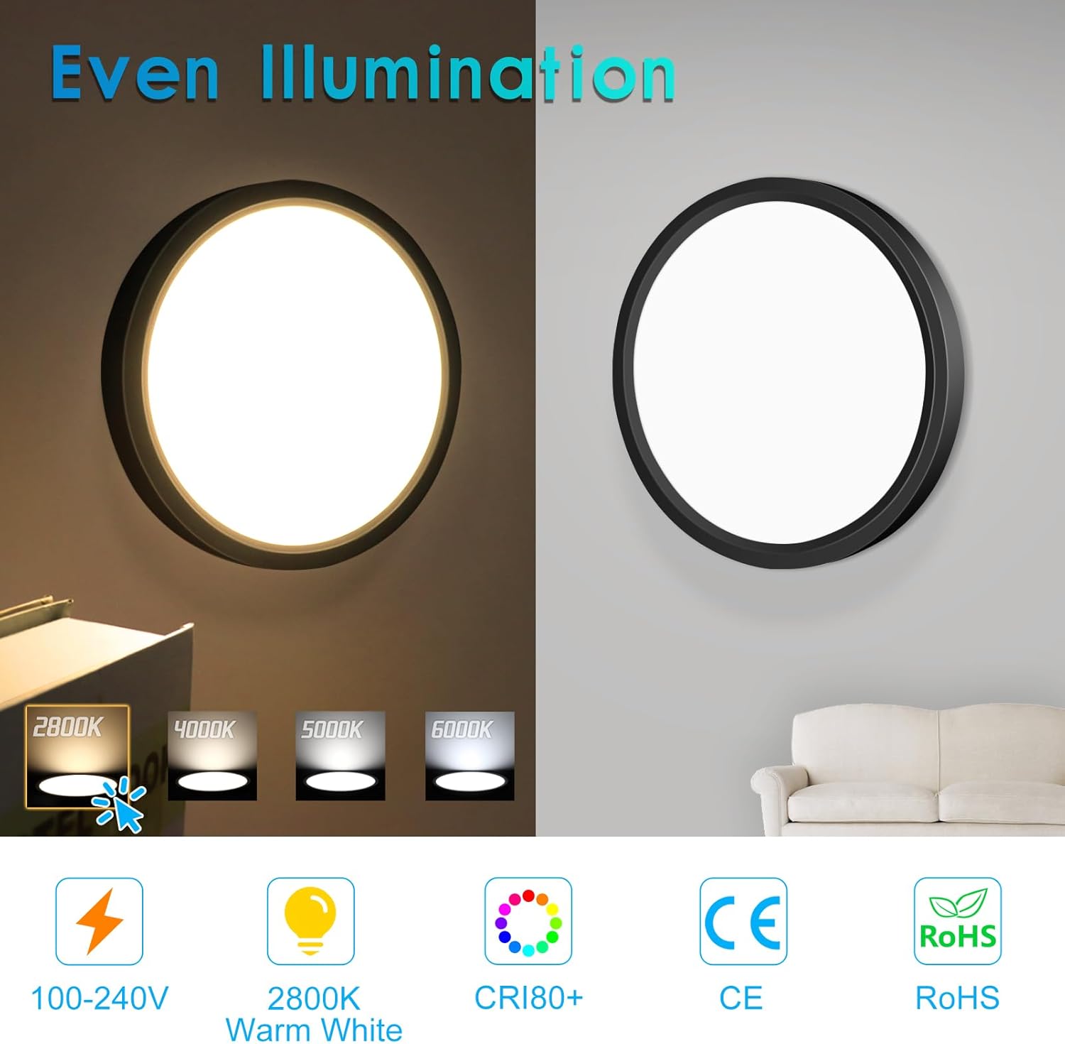 Plafonnier LED rond AC 220–240 V – Noir – Options 12 W / 18 W / 24 W / 32 W – 3 000 K / 4 500 K / 5 000 K / 6 500 K – Plafonnier encastré – Stock local (Royaume-Uni/Allemagne)