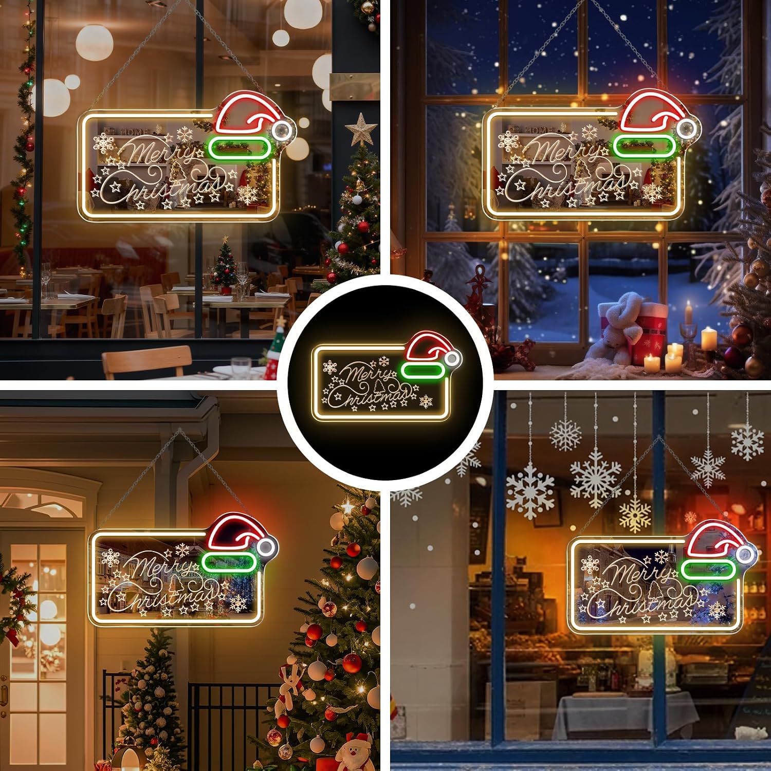 MERRY CHRISTMAS Mirror LED Sign – 16.5×10 Inch | 5V USB Powered Dimmable LED Light | Yellow, Red, Green & White Glow | Christmas Hat Design Hanging Sign with Accessories Included for Christmas Events, Retail Displays & Holiday Decorations