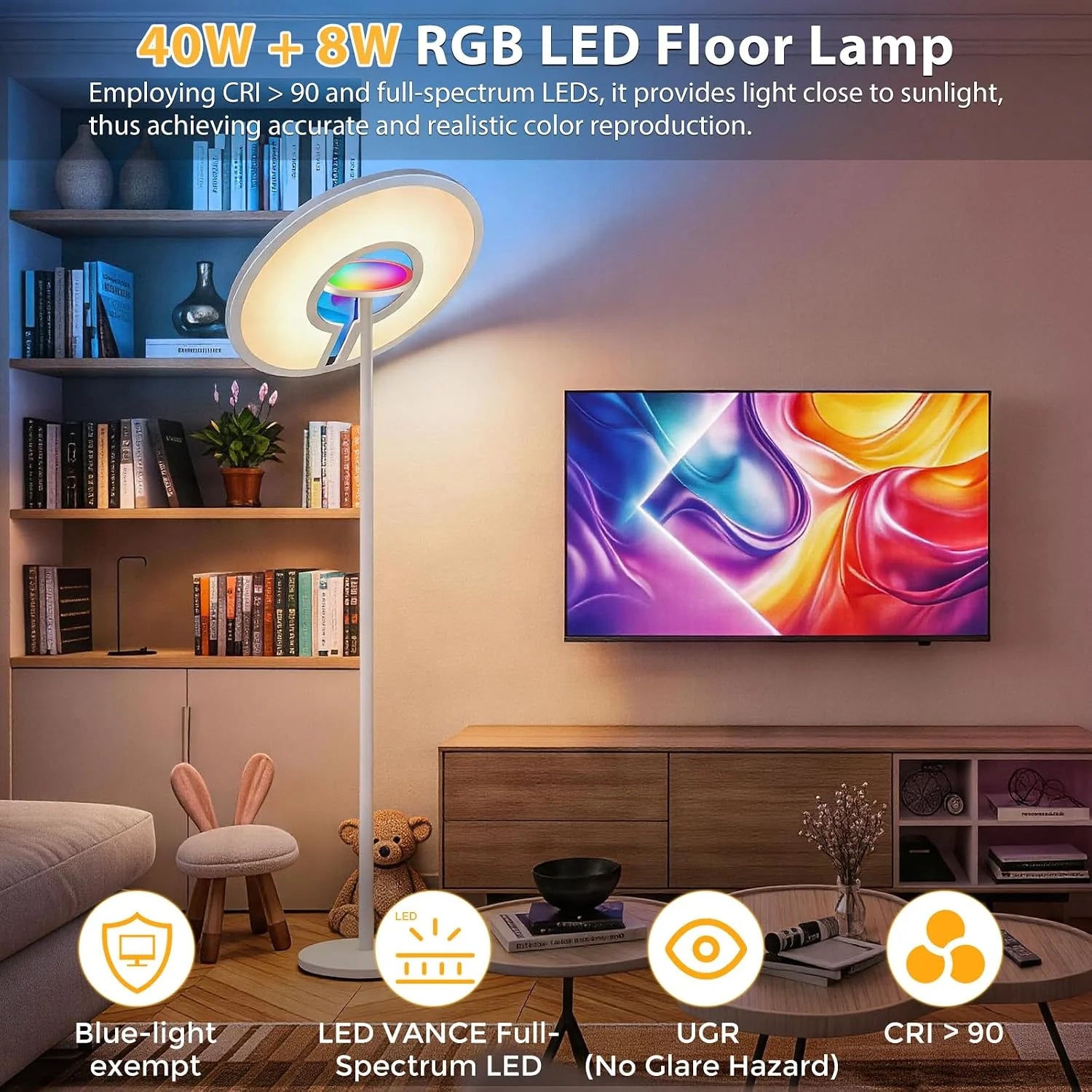 Smart Floor Lamp | 40W+8W LED Standing Lamp | Dimmable Floor Lamp with RGB Ambient Light | 2800-6000K | Remote Control | 2M Tall for Living Room Bedroom Office | US & UK Stock