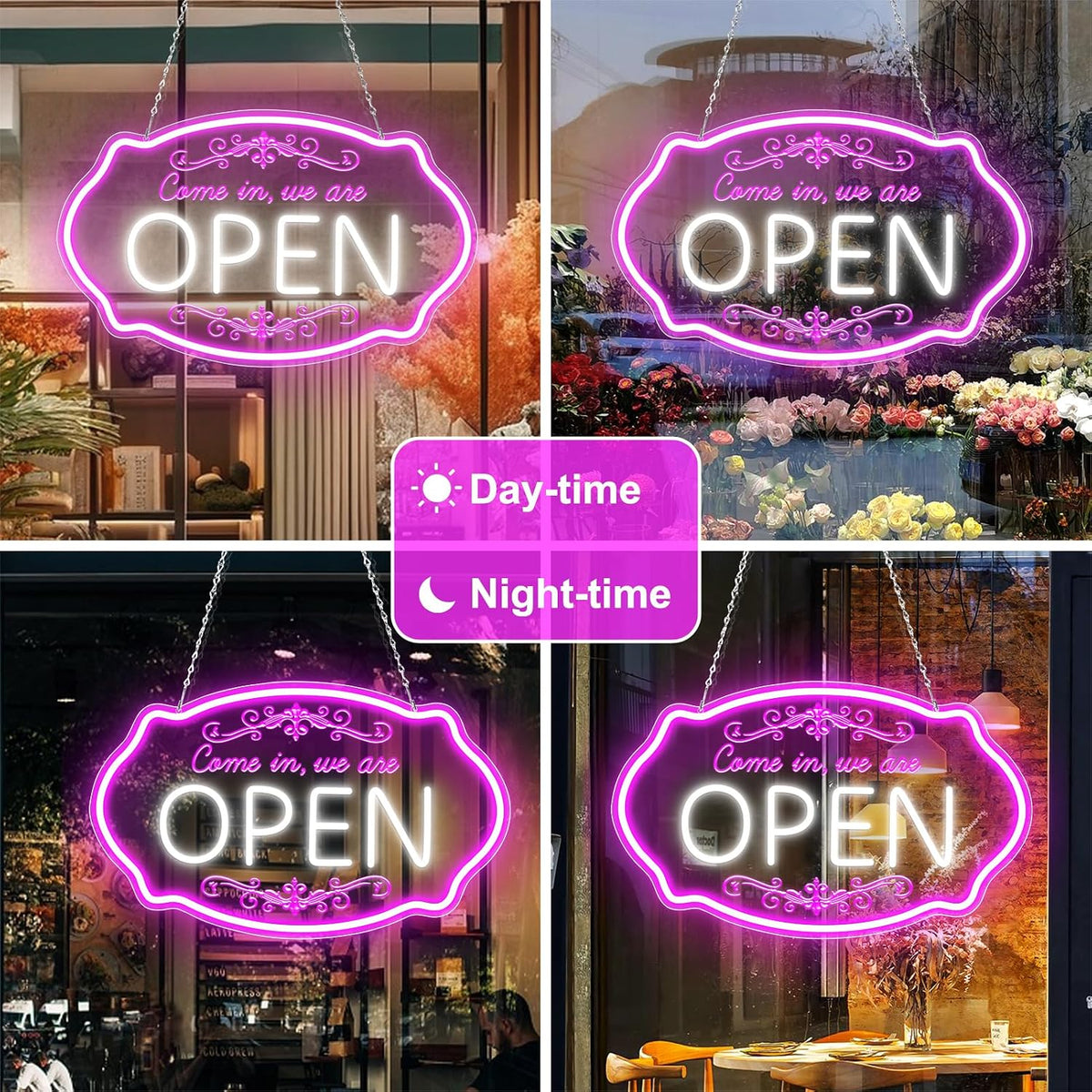 Kommen Sie herein, wir haben geöffnet, Neonschild – Mehrfarbiges Leuchten | 40×30 cm (15,7×11,8 Zoll) | Geschäftsschild zum Aufhängen im Fenster | Plug &amp; Play