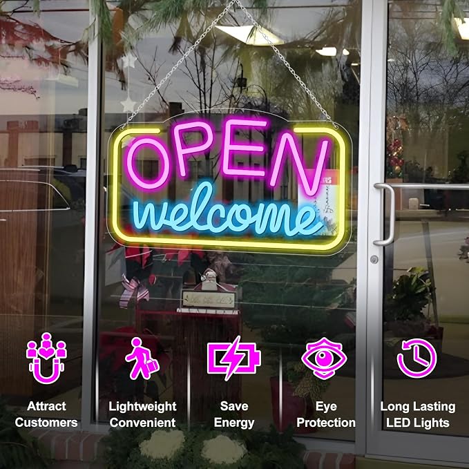 Enseigne néon « OUVERT » – Alimentation USB | 43 x 25 cm | Éclairage LED pour vitrine | 2 couleurs