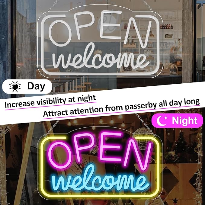 Enseigne néon « OUVERT » – Alimentation USB | 43 x 25 cm | Éclairage LED pour vitrine | 2 couleurs