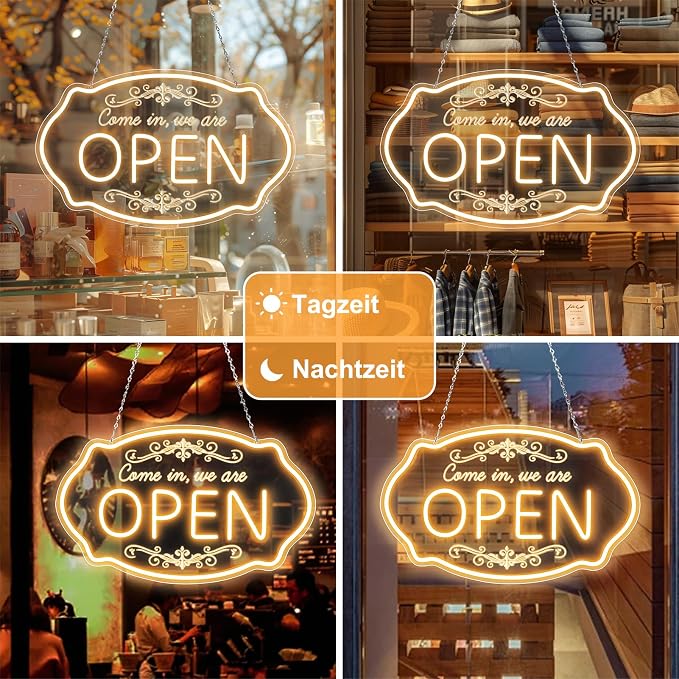 Enseigne néon OPEN – Alimentation USB | 43 x 22 cm | Horizontal ou vertical | Éclairage LED multicolore pour vitrine et décoration d'entreprise