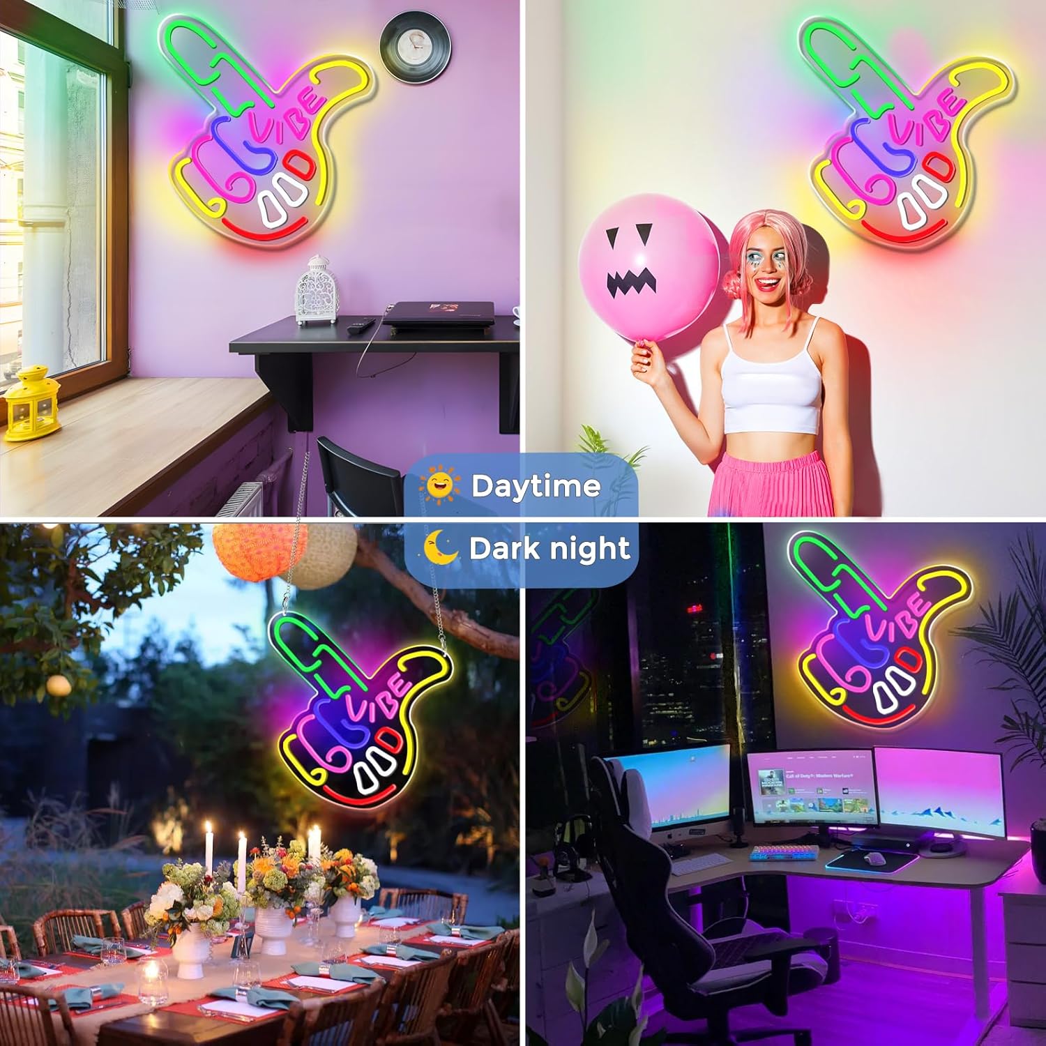 Panneau LED « Good Vibes » – Panneau « Main cool » | 43 cm x 33 cm | Néon USB pour décoration murale | À suspendre | Idéal pour chambre, dortoir, salon, fête 