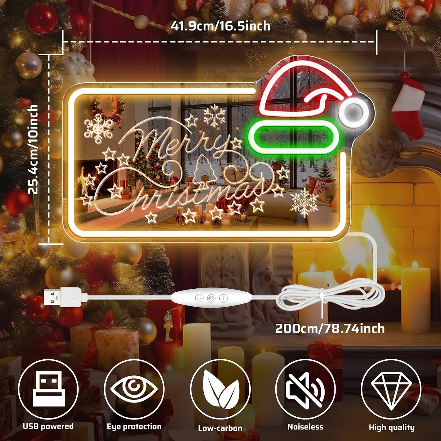 MERRY CHRISTMAS Mirror LED Sign – 16.5×10 Inch | 5V USB Powered Dimmable LED Light | Yellow, Red, Green & White Glow | Christmas Hat Design Hanging Sign with Accessories Included for Christmas Events, Retail Displays & Holiday Decorations