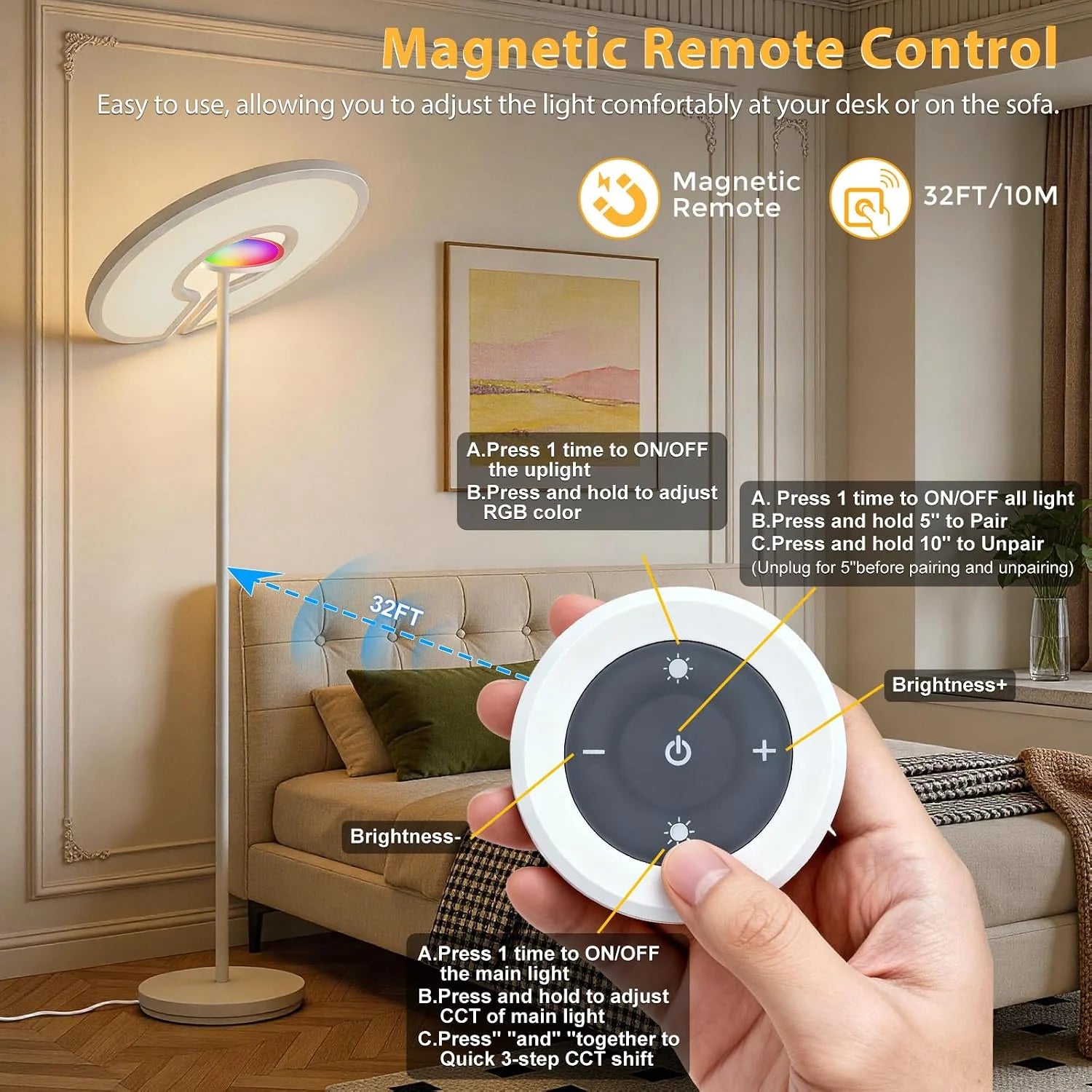 Smart Floor Lamp | 40W+8W LED Standing Lamp | Dimmable Floor Lamp with RGB Ambient Light | 2800-6000K | Remote Control | 2M Tall for Living Room Bedroom Office | US & UK Stock