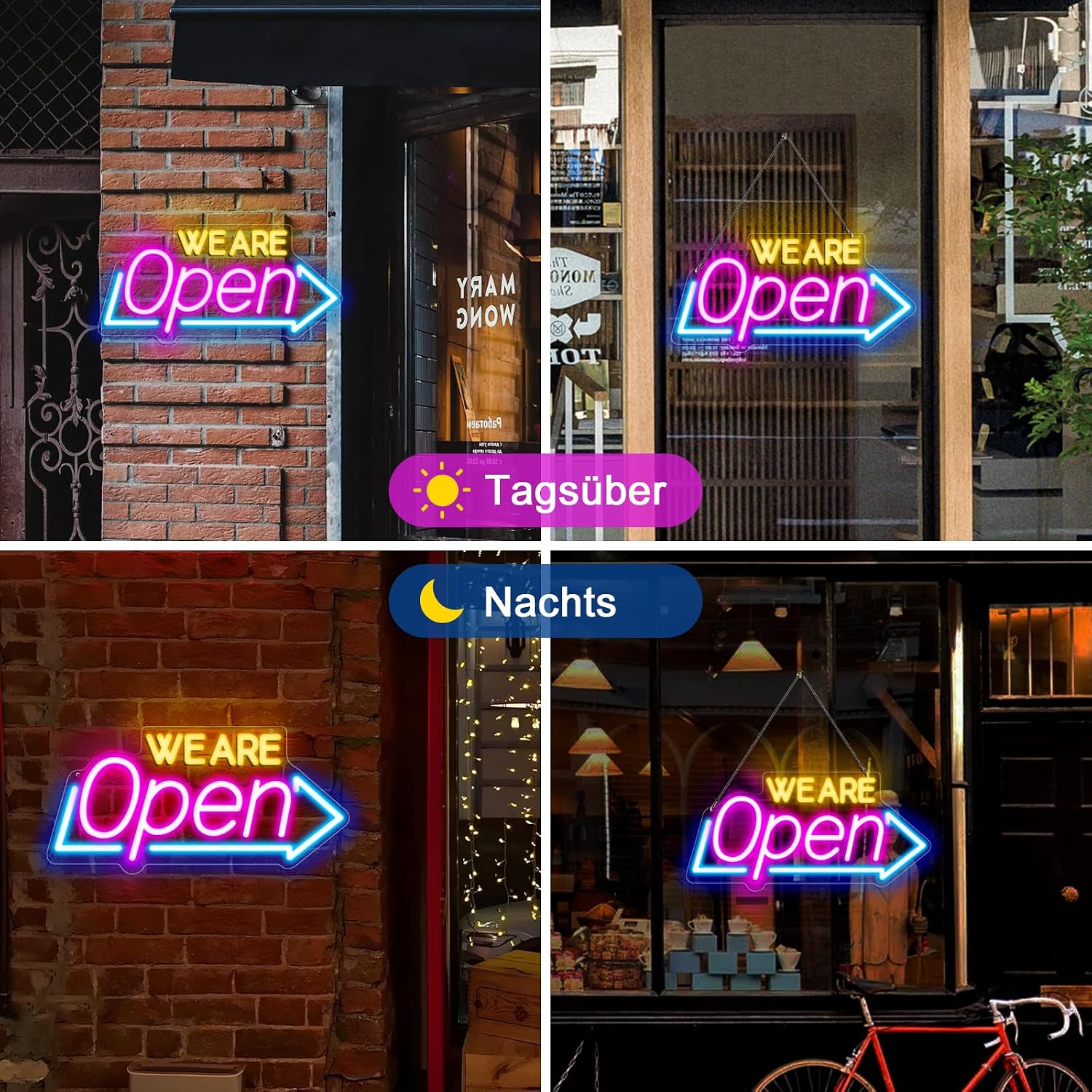 Wir haben geöffnet – Neonschild mit Sonnenblumen-Dekor – USB-Version | Warmweiß / Gelb &amp; Weiß | 17×9 Zoll / 24×13 Zoll | DC 5 V LED-Fensterleuchte für Geschäftsdekor