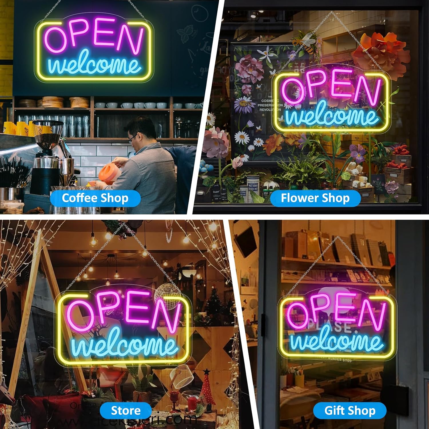 Enseigne néon « OUVERT » – Alimentation USB | 43 x 25 cm | Éclairage LED pour vitrine | 2 couleurs
