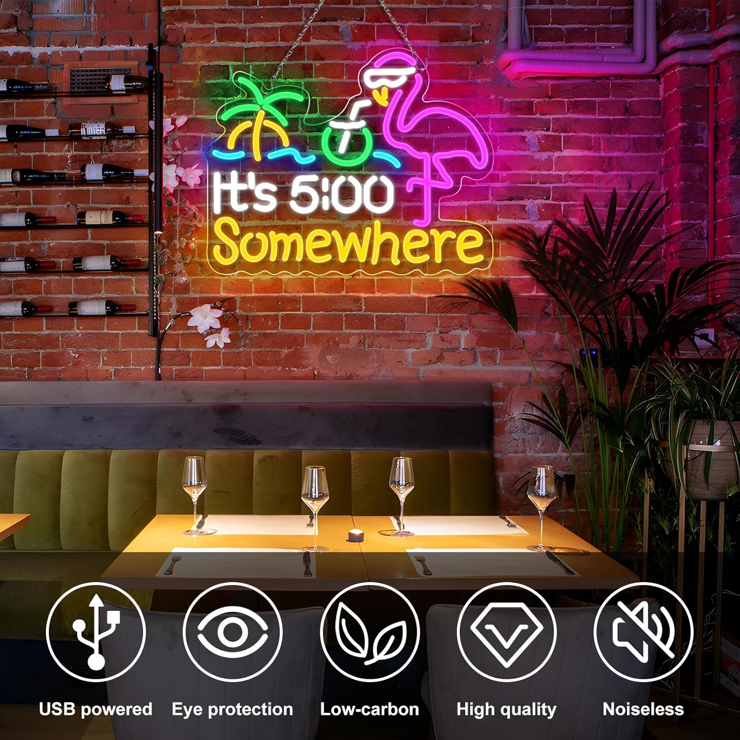 LED-Schild „Irgendwo ist es 5 Uhr“ – 16,1 × 12,6 Zoll | Mehrfarbiges Leuchten | USB-betrieben | Hängend | Ideal für Bar, Pub, Lounge, Nachtclub, Party-Stimmungsbeleuchtung 