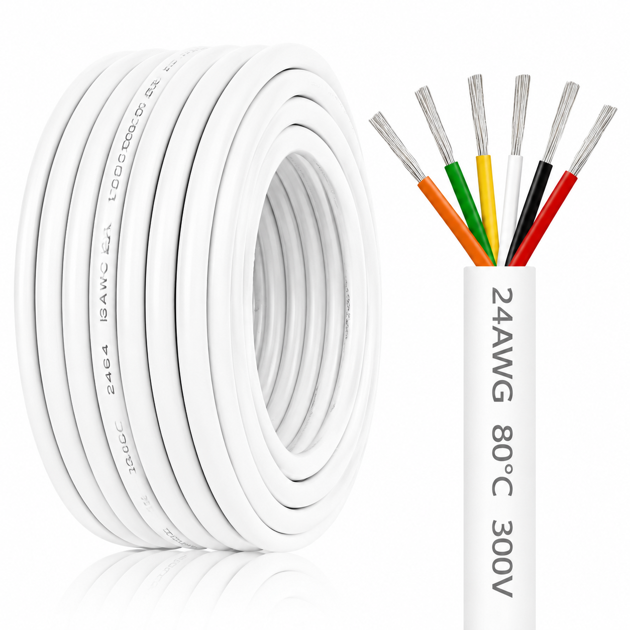 24 AWG Electrical Cable, 6/7/8 Conductor Stranded Tinned Copper Multi-Core Wire, Black/White PVC Jacket Flexible Control Extension Cord, 10/20/50m (33ft–165ft) Options