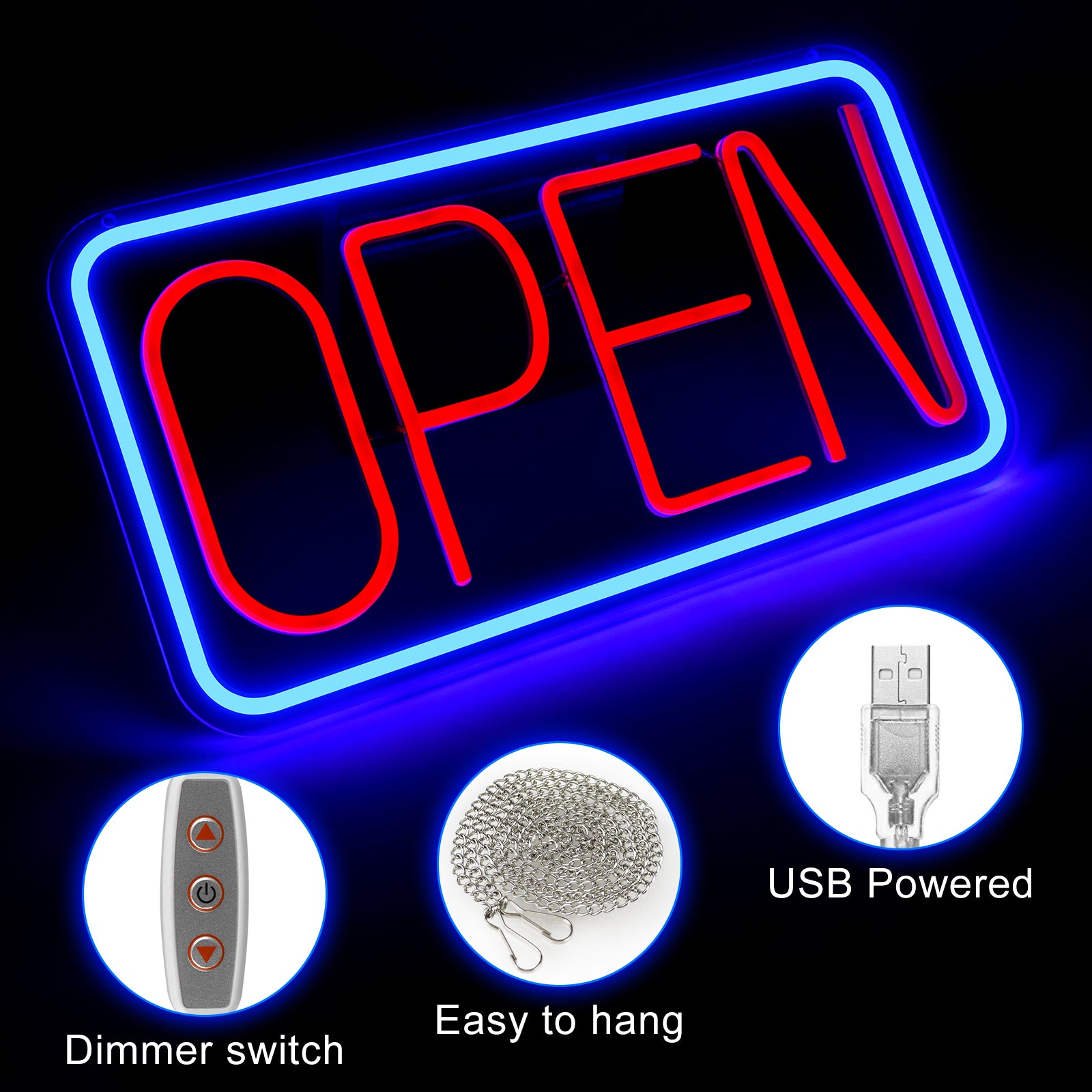 Enseigne néon OPEN – Alimentation USB | 44 x 24 cm | 6 couleurs disponibles | Suspension LED pour vitrine