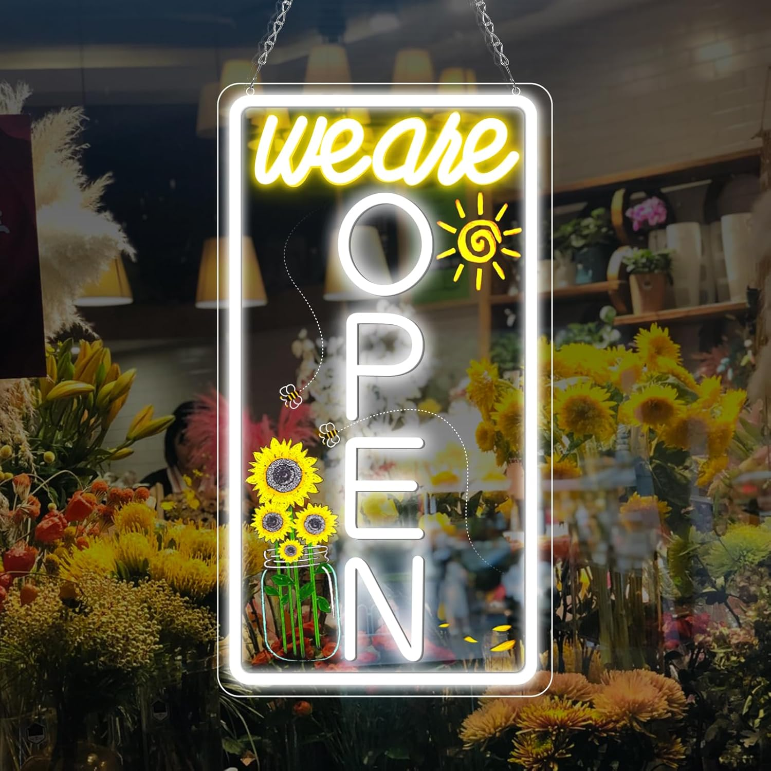 Enseigne verticale néon « Nous sommes ouverts » – Blanc chaud et éclat blanc | 43 cm x 23 cm / 58 cm x 30 cm | Suspension pour vitrine | Plug &amp; Play pour vitrines