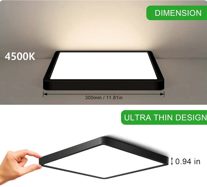 9 Inch Square LED Ceiling Light – 18W – Black – 3000K / 4500K / 5000K / 6500K – Flush Mount Ceiling Light for Home & Apartment Lighting – Local Stock (US)