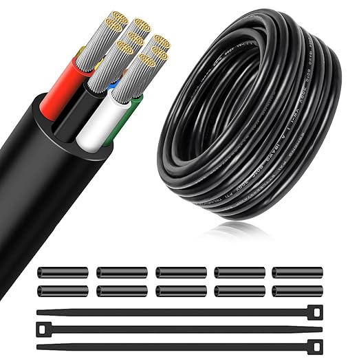 16 AWG Electrical Wire, 6/7/8 Conductor Multi-Core Tinned Copper Cable, Black/White PVC Insulated Flexible Control Wire, 10/20/50m (33ft–165ft) Options