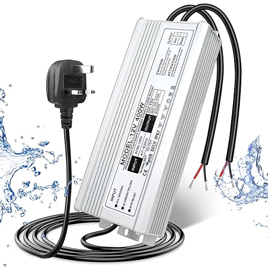 12V Waterproof LED Power Supply, 175–265V Input, 200W–500W, Single/Dual Wire Output, Aluminum Housing, Outdoor LED Driver, CE/RoHS/FCC — UK/EU Plug & Wire Leads Options