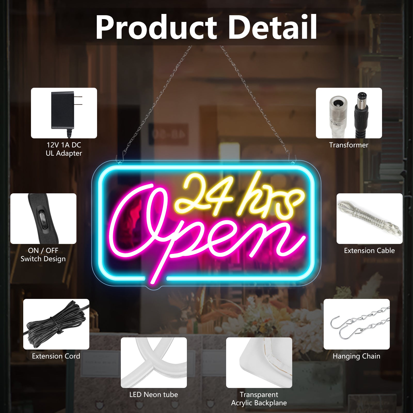 24 Stunden geöffnet Neonschild – Eisblau, Gelb &amp; Lila Leuchten | 40×23 cm (16×9 Zoll) | Fenster-Hängeleuchte für 24-Stunden-Läden Plug &amp; Play
