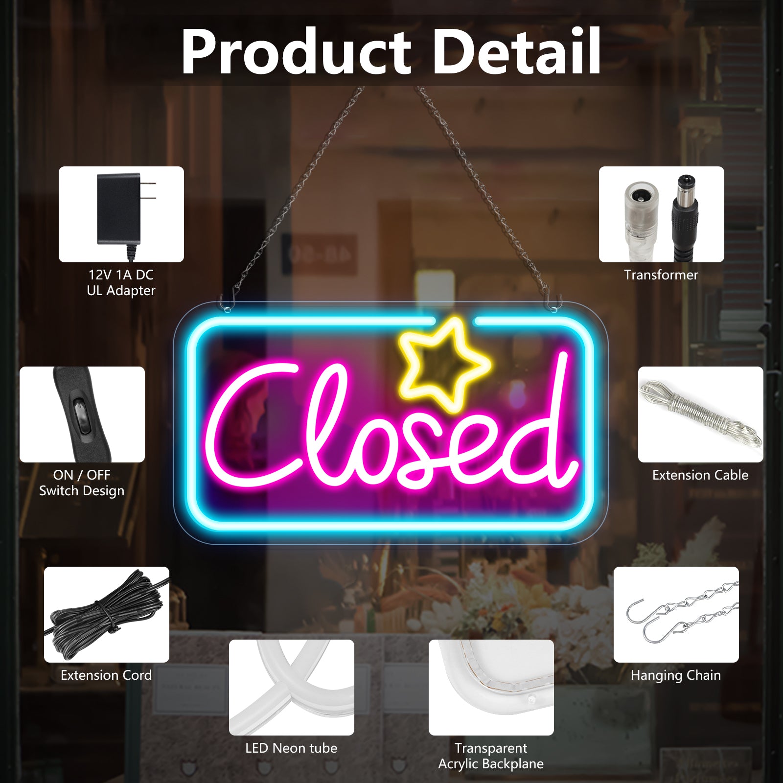 Geschlossenes Neonschild – Eisblau &amp; Pink Leuchten + Gelber Stern | 42×23 cm (17×9 Zoll) | Fensteraufhängung | Plug &amp; Play für Schaufenster
