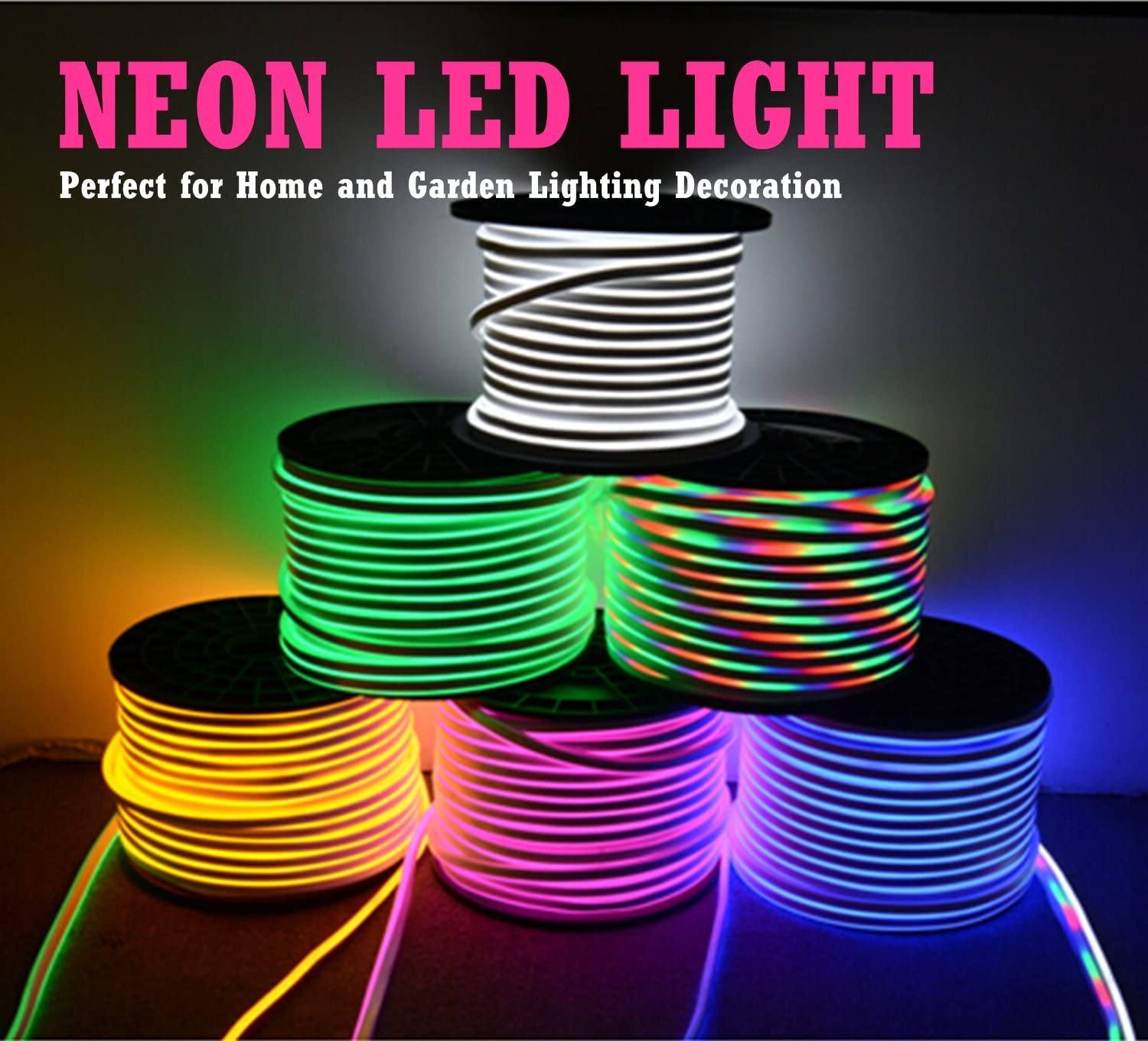 High Voltage RGB LED Neon Rope Light - 10x20mm | SMD5050 60 LEDs/M | AC110V / 220V Flexible Neon LED Strip | 12W/M | IP65 Waterproof Cuttable Neon Flex for Indoor & Outdoor Decoration | with Remote Control, Power Plug | 10/50M